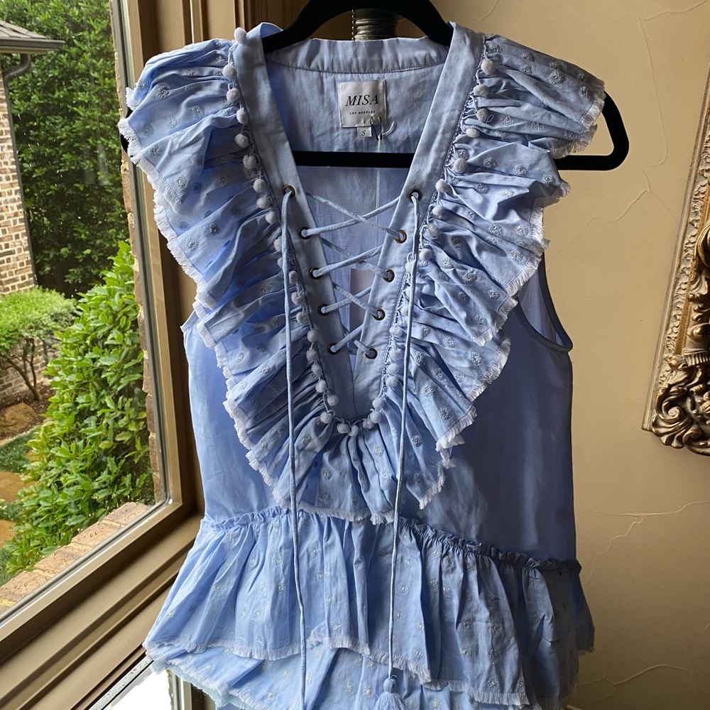 MISA Los Angeles Marjan Top, Blue Linen Blouse - Picture 2 of 6